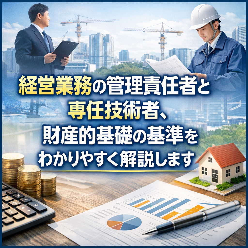 経営業務の管理責任者と専任技術者、財産的基礎の基準をわかりやすく解説します